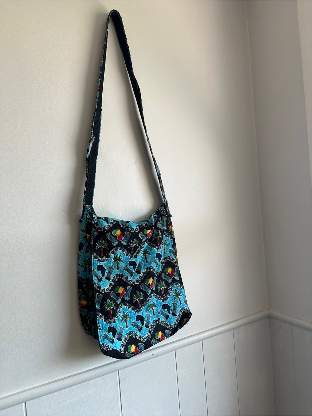 Blue Patterned Hobo Shoulder Bag with Tropical Accents